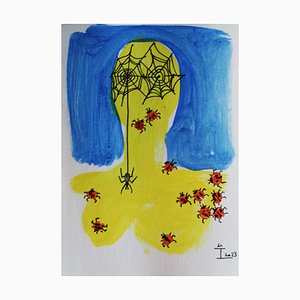 Kim Soo Young, Rostro de mujer con insectos, 2023, Técnica mixta sobre papel