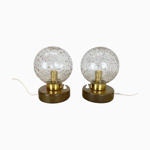 German Glass Ball and Oak Wooden Table Lights from Temde Lights, 1970s, Set of 2