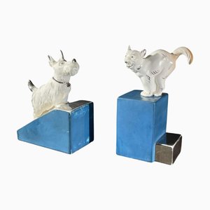 Serre-Livres Asymétriques Art Déco en Chrome Bleu Blanc & Céramique, 1930s, Set de 2