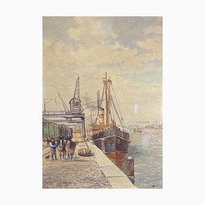 Emile Lhernault, Dock in Brussels, Watercolour, 1910s