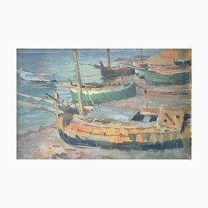 Jules Van De Leene, Stranded Boats, Gouache, 1920er