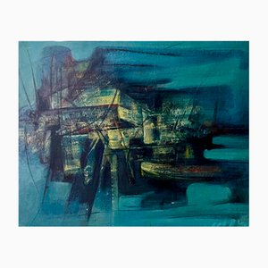 Erwin Mackowiak, Blaue Abstrakte Komposition, Öl auf Holz, 1960