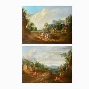 Follower of Jan Peeter Verdussen, Wooded Landscape & Village Scene, Oil on Panels, 18th Century, Set of 2
