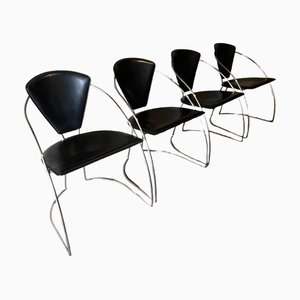 Vintage Chromed Steel & Black Skai Chairs, 1980s, Set of 4
