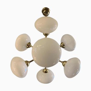 Sputnik Chandelier in Golden Brass with 8 Opaline Glass Ball Globes, 1970s
