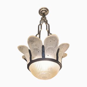 Art Deco Kronleuchter aus sandgestrahltem Pressglas & vernickelter Bronze von Hettier & Vincent, 1930er