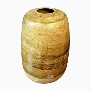 Modernist Large-Fired Salt Stoneware Yellow Vase without Neck from Bouffioulx, 1950s