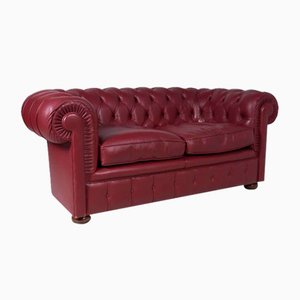 Canapé 2 Places Chesterfield en Cuir Bordeaux par Rovesti Salotti