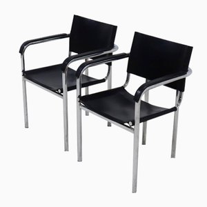 Sillas italianas modernas de cuero y acero cromado, años 80. Juego de 2