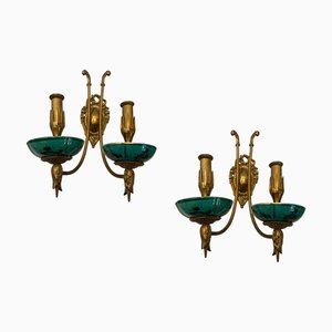 Apliques vintage de cerámica de latón, años 40. Juego de 2