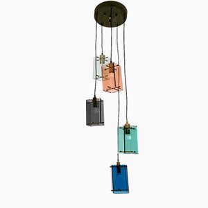 Suspension Vintage à 5 Lumières en Verre Coloré dans le style de Fontana Arte, Italie, 1960s
