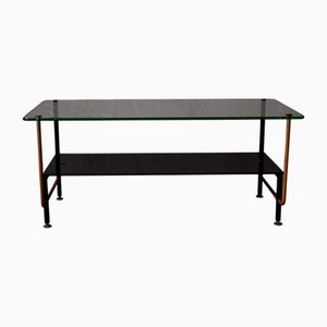 Console ou Table Basse Moderniste Asymétrique Noire et Dorée en Verre et Laiton, France, 1950s