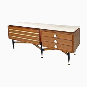 Aparador italiano Mid-Century moderno de madera y mármol blanco con cajones, años 60