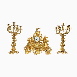 Antike Französische Napoleon III Uhr & Kerzenständer aus Vergoldeter Bronze, 19. Jh., 3er Set