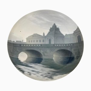 Cityscape with Bridge Porcelain Wall Plate attributed to Bing & Grøndahl, Denmark, 1890s