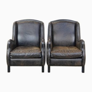 Chaises en Cuir de Vache Noir, Set de 2