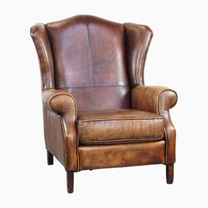 Grand Fauteuil à Oreilles en Cuir de Mouton