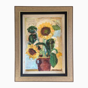 Sunflowers in Bloom Still Life, 1950s, Oil Painting, Framed