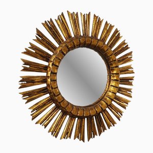 Espejo en forma de sol Mid-Century grande de madera dorada, años 50