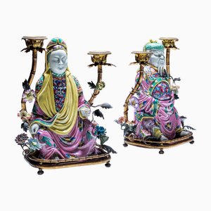 Famille Rose Style Candelabras with Chinoiserie Figures, 1900s, Set of 2