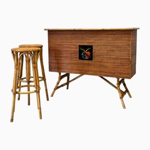 Bamboo Bar and Stools attributed to Audoux-Minet, 1960s, Set of 3