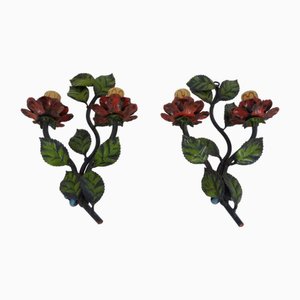 Vintage Italian Wall Lights in Painted Metal with Flowers and Foliage, 1960s, Set of 2