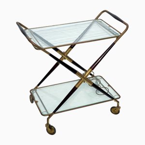 Chariot de Bar Mid-Century Moderne en Laiton et Bois par Cesare Lacca, Italie, 1950s