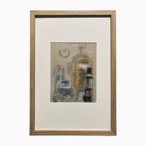 Alfred Gaspart, The Bottles, Drawing in Pencil and Oil Pastel, 1960s, Framed