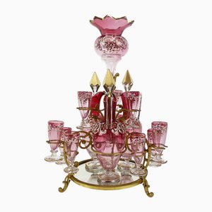 Liquor Service in Golden Metal with Flower Vase, Set of 18