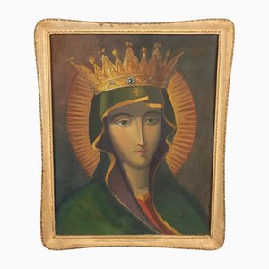 Madonna Ikone, Tempera Malerei auf Hartfaserplatte, 1940er, Gerahmt