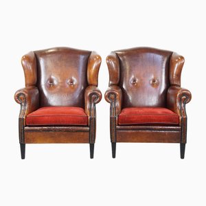 Set of Vintage Sheep Leather Wing Chairs