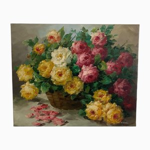 A. Jordin, Natura morta con mazzo di rose, XX secolo, Olio su tela