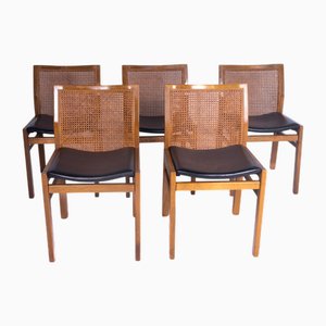 Vintage Dining Chairs in National Walnut with Leather Seat and Vienna Straw Backrest from Molteni & Co., Set of 5