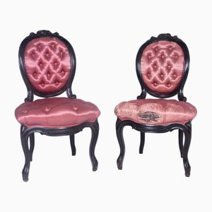 Set of Baroque Armchairs in Black Wood and Pink Silk Capitonné