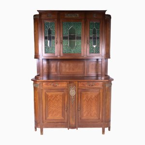 Vintage Wooden Sideboard with Decorative Glass Panels and Metal Details