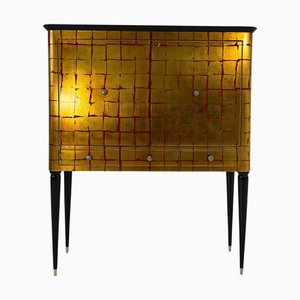 Italian Art Deco Red Lacquered and Gold Leaf Bar Cabinet attributed to Permanente Mobili Cantù, 1950s