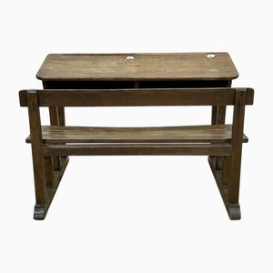 Bureau d'École en Chêne avec Encriers en Porcelaine, 20ème Siècle