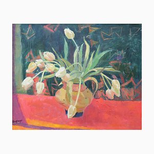 Thea Dupays, Tulipanes en jarrón amarillo, siglo XX, óleo sobre lienzo