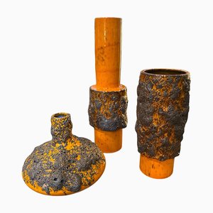 Modernist Orange and Black Fat Lava Ceramic German Vases, 1980s, Set of 3