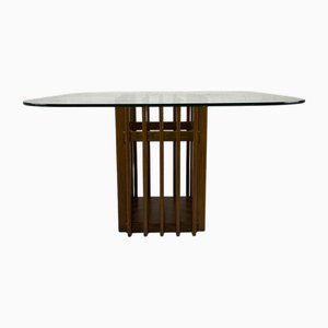 Mesa de comedor italiana escultural de madera hecha a mano y vidrio grueso, años 70