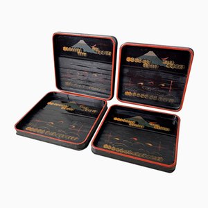 Wooden Lacquer Trays with Mountain Landscape, 1920s, Set of 4