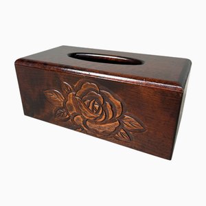 Porta fazzoletti vintage in legno con motivo floreale intagliato, Giappone, anni '70