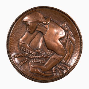 Large Vintage Belgian Relief Charger in Copper, 1930s
