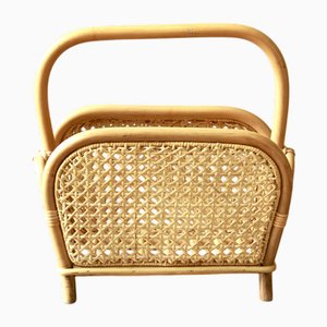 Vintage Viennese Straw and Bamboo Magazine Rack, Italy, 1970s