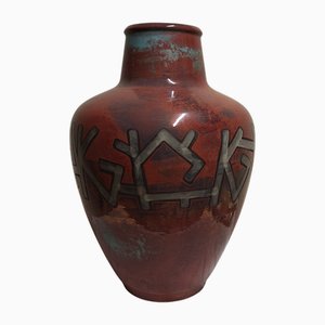 Large Vintage German Ceramic Vase with Red-Green Glaze and Green Decor from Ceramano, 1970s