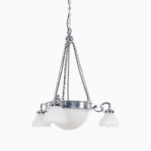 Lampadario antico in pietra di luna dell'inizio del XX secolo in metallo cromato di GEC, anni '20