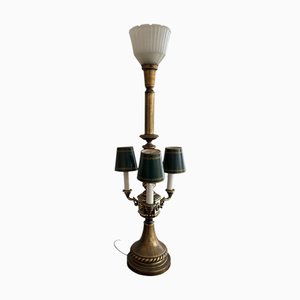 Vintage Brass Torchiere and Candelabra Table Lamp with Green Shades