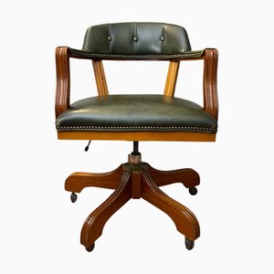 Chaise de Bureau Pivotante en Cuir Vert et Bois