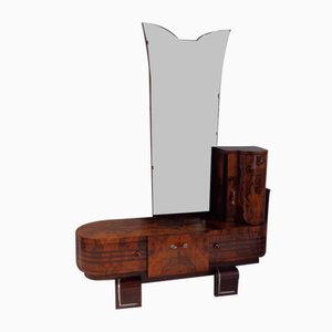 Art Deco Briar and Walnut Mirror Dressing Table with Steel Details in the style of Ducrot, 1930s