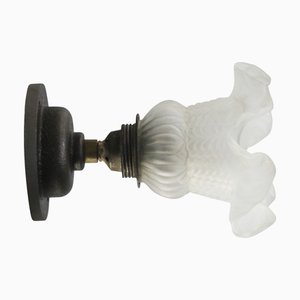 French Frosted Glass, Cast Iron & Brass Wall Lamp